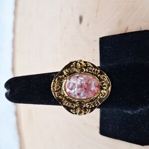 Red & white acrylic gemstone gold tone adjustable women's ring